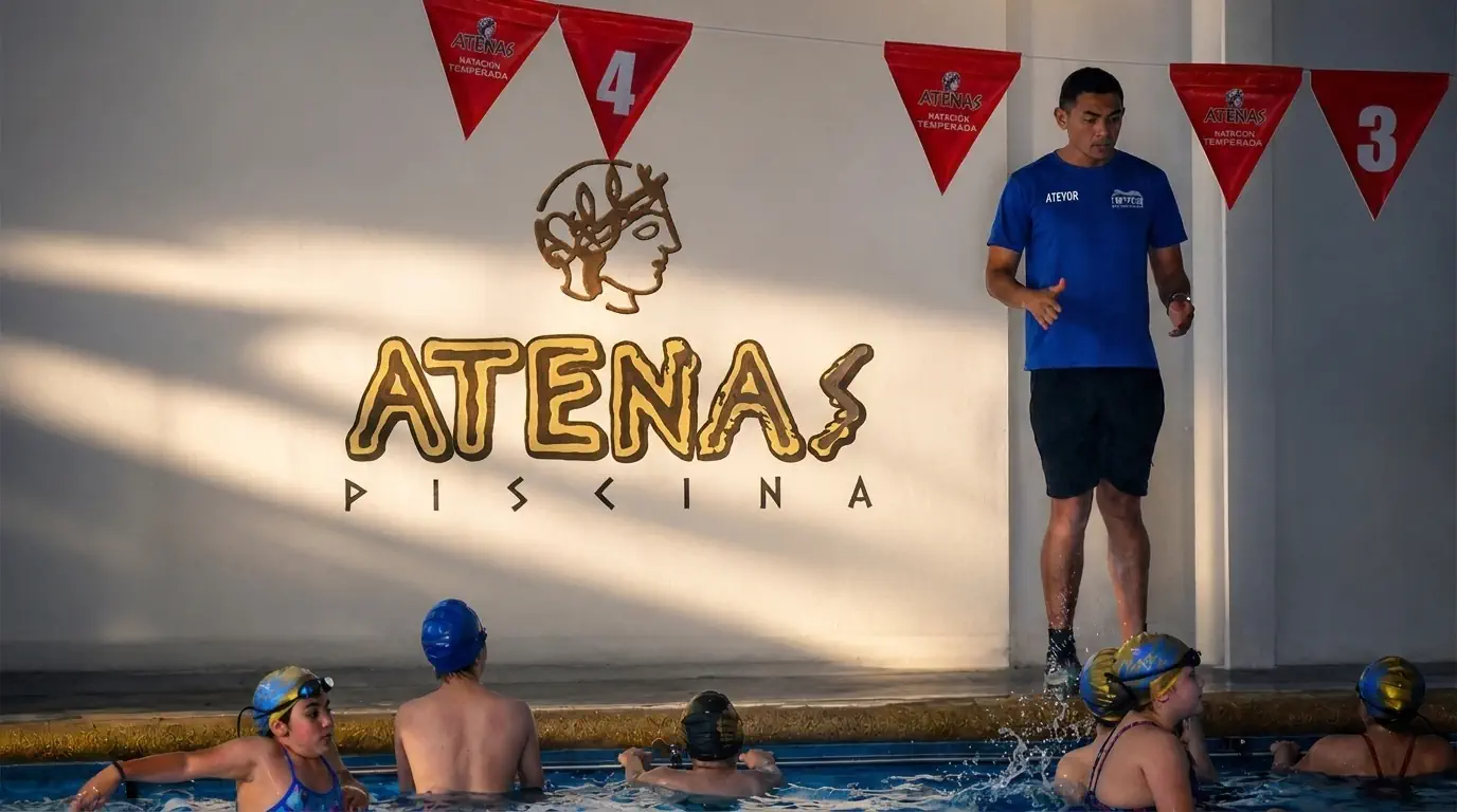 Profesor y alumnos en Piscina Atenas